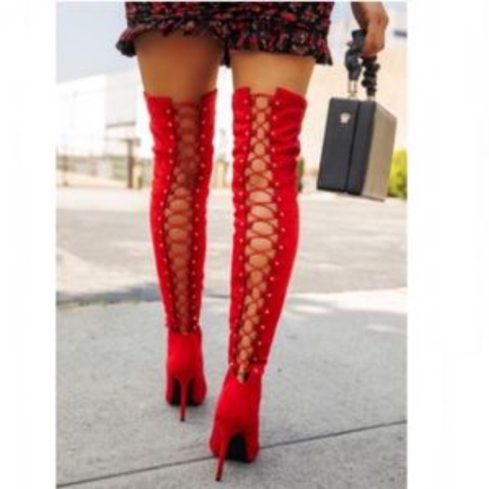 NEW !! Stretchy Over the Knee Lace Up Boots in Red - Picture 2 of 10